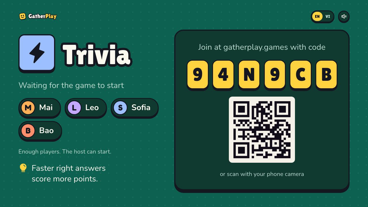 The shared screen in the lobby, with the room code and QR code